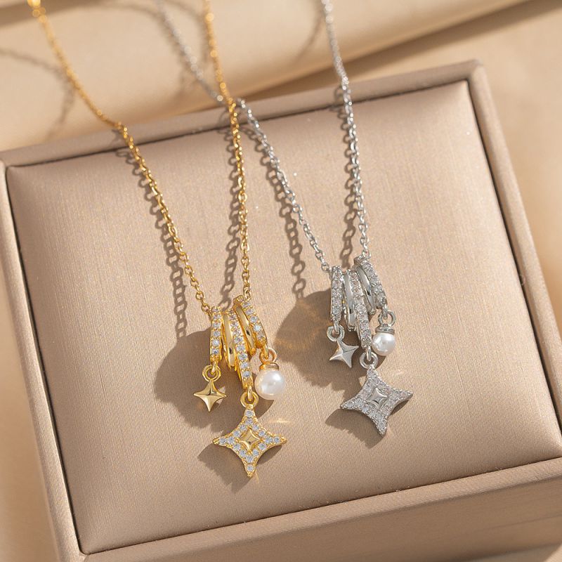 Golden Pearl Star Ring Necklace Copper And Diamond Star Necklace