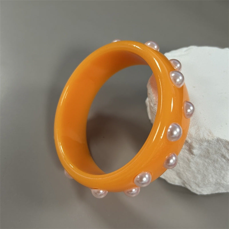 Green Double Row Resin Round Bracelet With Imitation Pearls