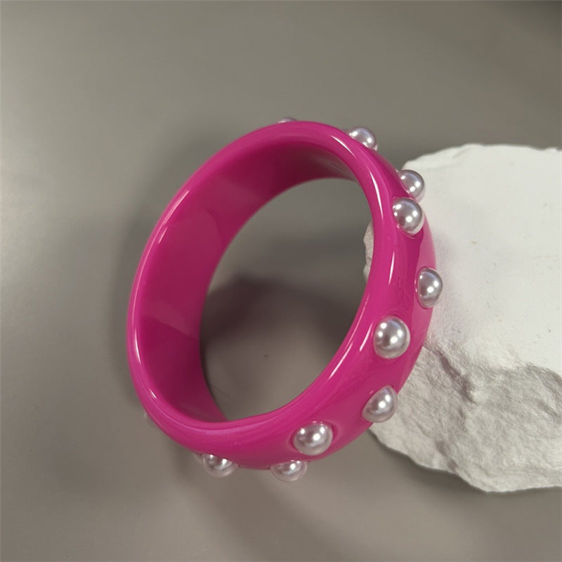 Green Double Row Resin Round Bracelet With Imitation Pearls