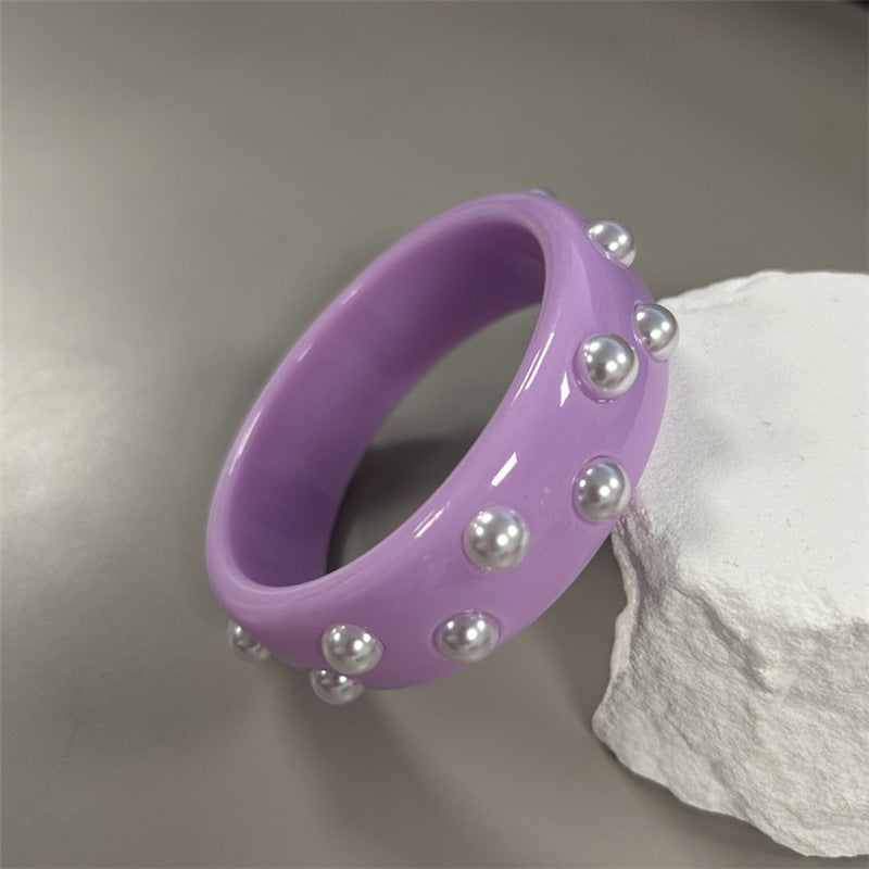 Green Double Row Resin Round Bracelet With Imitation Pearls