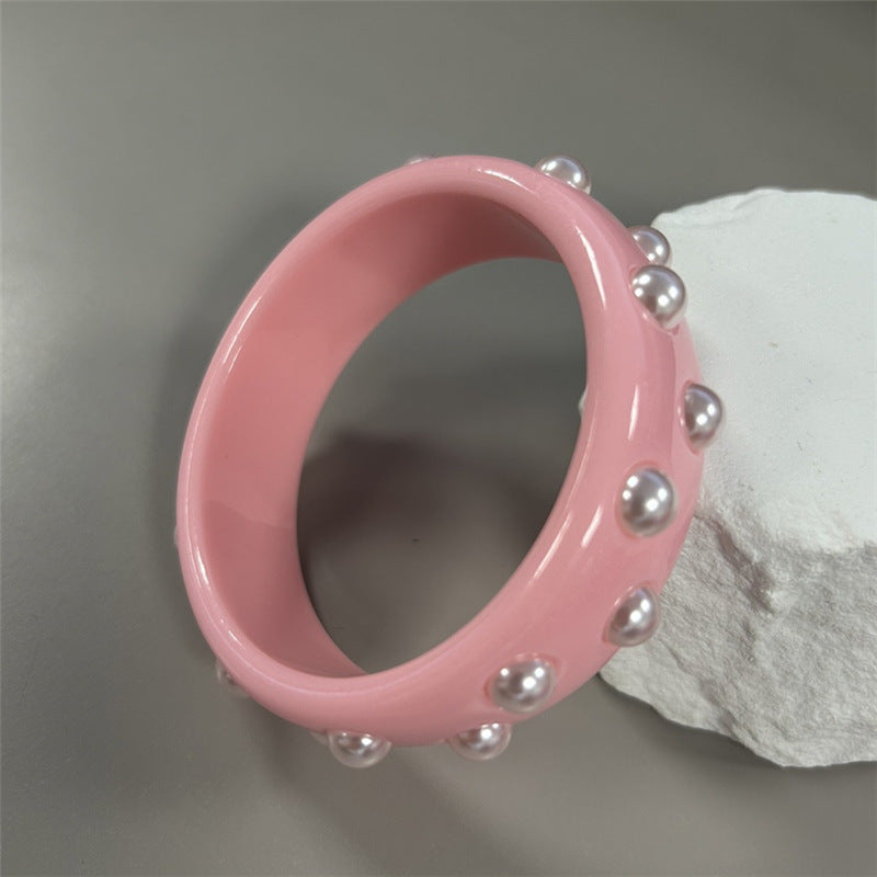 Green Double Row Resin Round Bracelet With Imitation Pearls