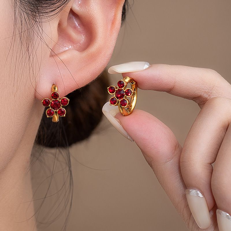 Green Flower Earrings Stainless Steel Diamond Flower Earrings