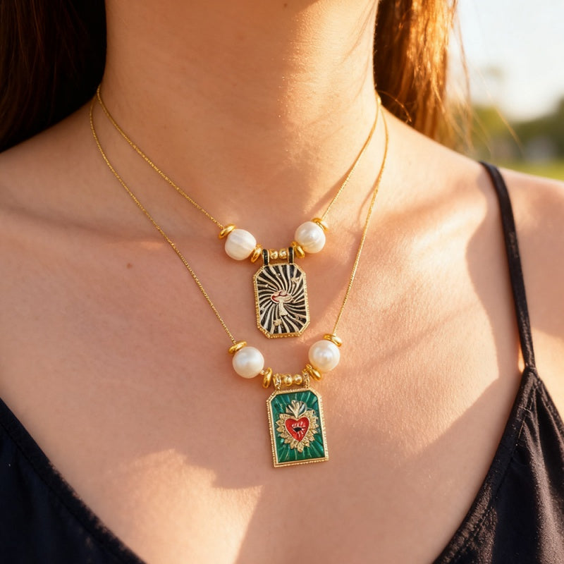 Green Square Oil-drop Heart Freshwater Pearl Necklace