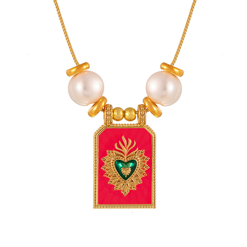 Green Square Oil-drop Heart Freshwater Pearl Necklace