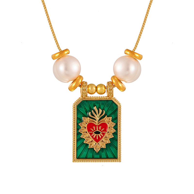 Green Square Oil-drop Heart Freshwater Pearl Necklace