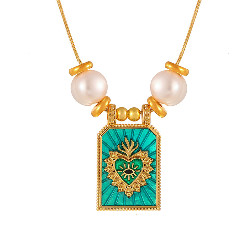 Green Square Oil-drop Heart Freshwater Pearl Necklace