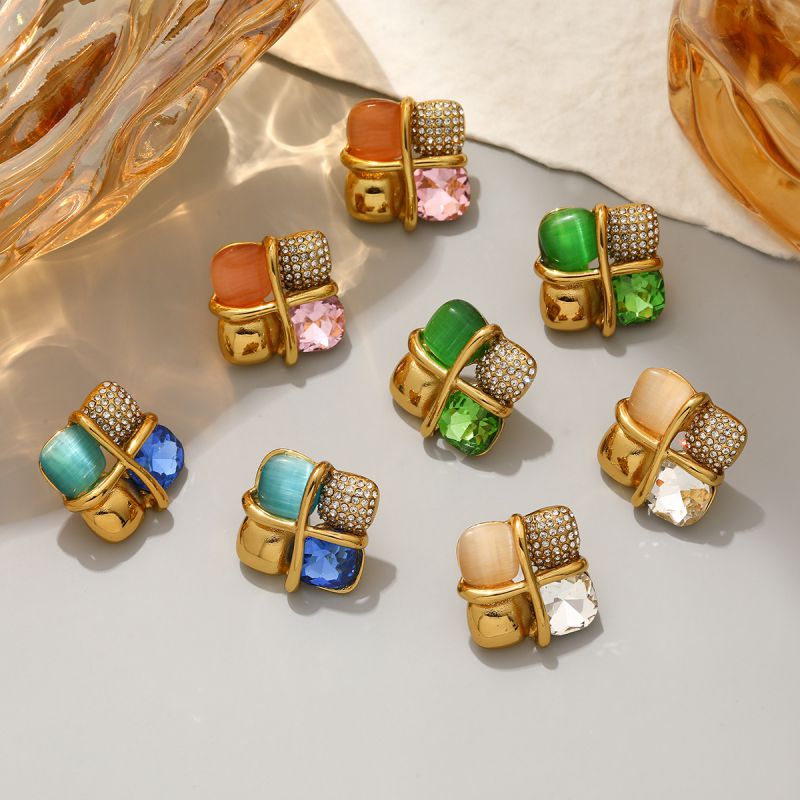 Green Stainless Steel Diamond-encrusted Irregular Earrings