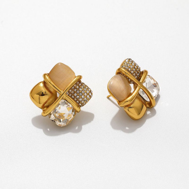 Green Stainless Steel Diamond-encrusted Irregular Earrings