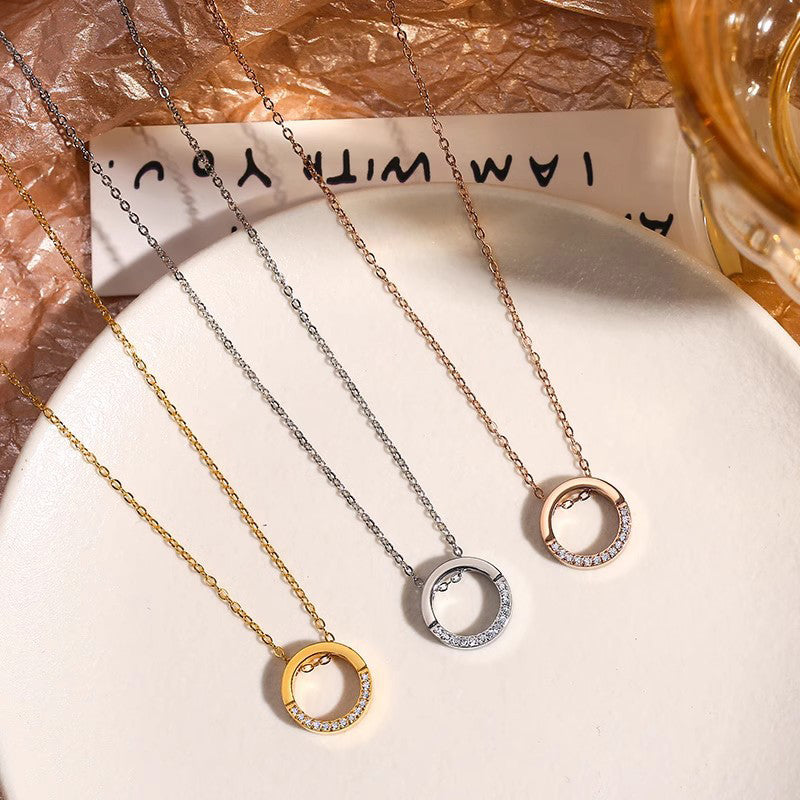 Half-round Diamond Necklace In Rose Gold Titanium Steel Diamond-encrusted Round Necklace