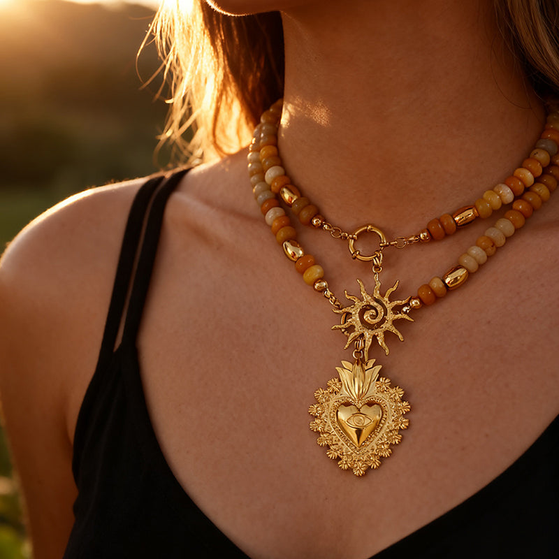 Khaki 1 Titanium Steel Cross Ring Clasp Natural Stone Beaded Necklace