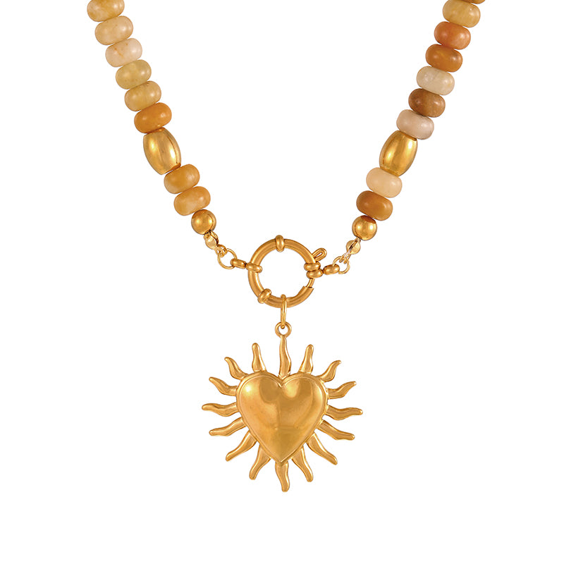 Khaki 1 Titanium Steel Cross Ring Clasp Natural Stone Beaded Necklace