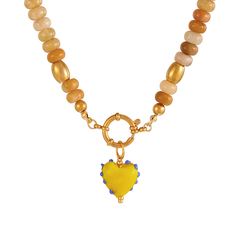 Khaki 1 Titanium Steel Cross Ring Clasp Natural Stone Beaded Necklace