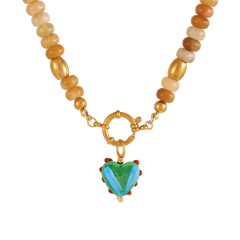 Khaki 1 Titanium Steel Cross Ring Clasp Natural Stone Beaded Necklace