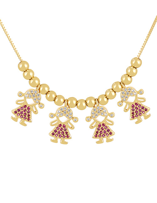 Fashion Red Copper Paved Zirconia Girls Pendant Beaded Necklace