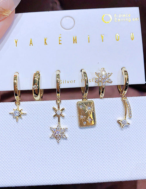 Fashion Gold Gold Plated Copper And Zirconia Snowflake Star Earrings Set
