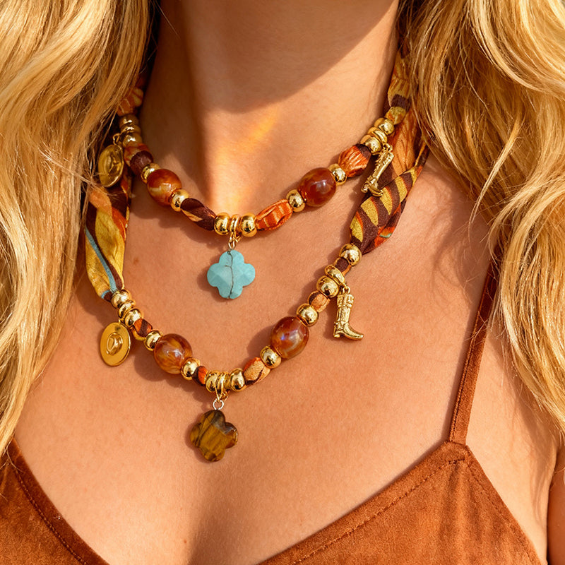 Lake Blue Clover Hat Boots Copper Beaded Printed Fabric Necklace