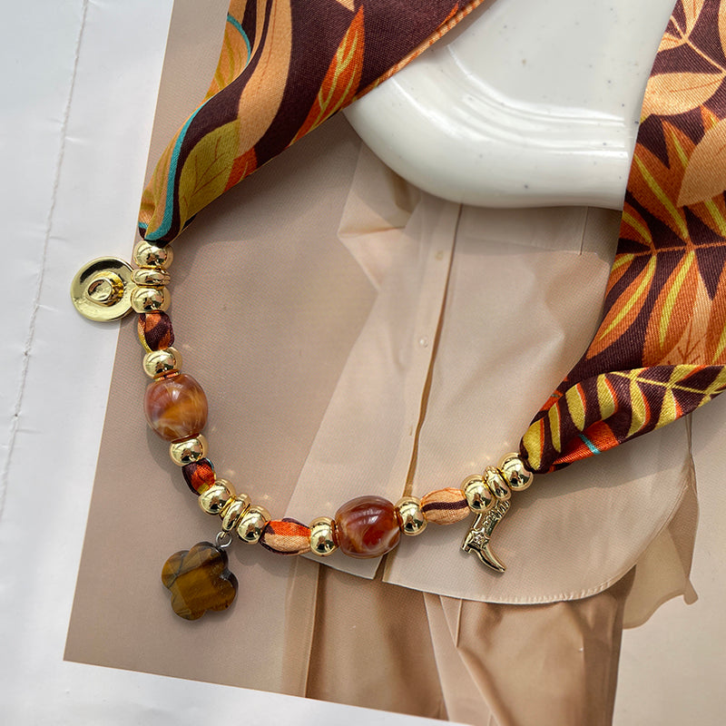 Lake Blue Clover Hat Boots Copper Beaded Printed Fabric Necklace