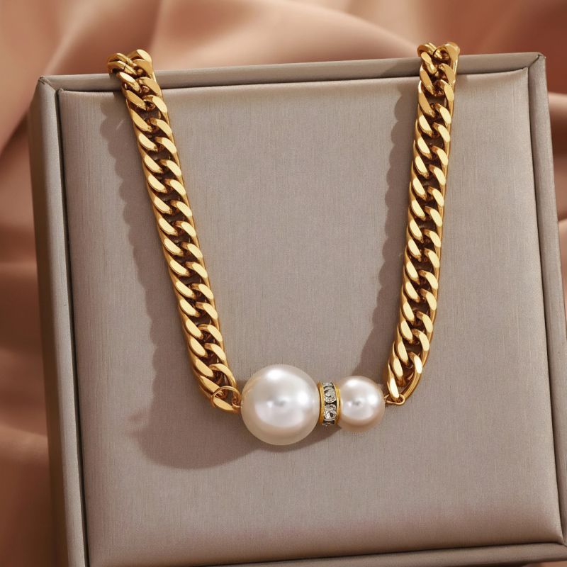 Large And Small Pearl Chunky Cuban Necklace In Gold Stainless Steel Pearl Necklace