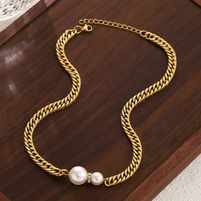 Large And Small Pearl Chunky Cuban Necklace In Gold Stainless Steel Pearl Necklace