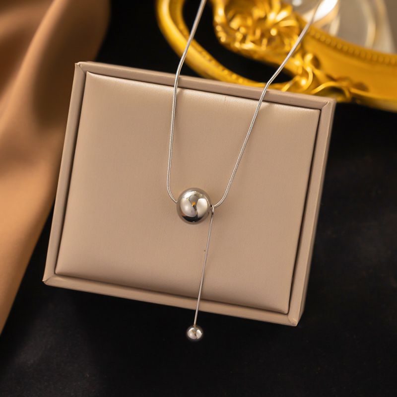 Large Beaded Necklace In Steel Color Titanium Steel Pearl Necklace