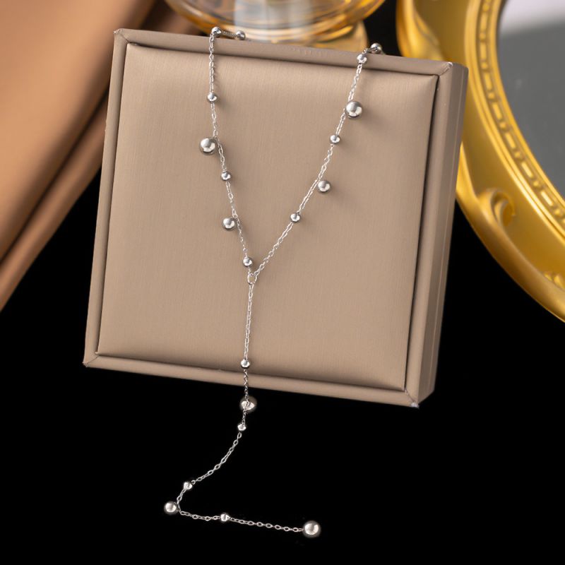 Large Beaded Necklace In Steel Color Titanium Steel Pearl Necklace