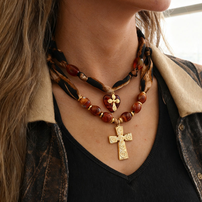 Leopard Print 1 Titanium Steel Cross Acrylic Beaded Leopard Print Fabric Necklace