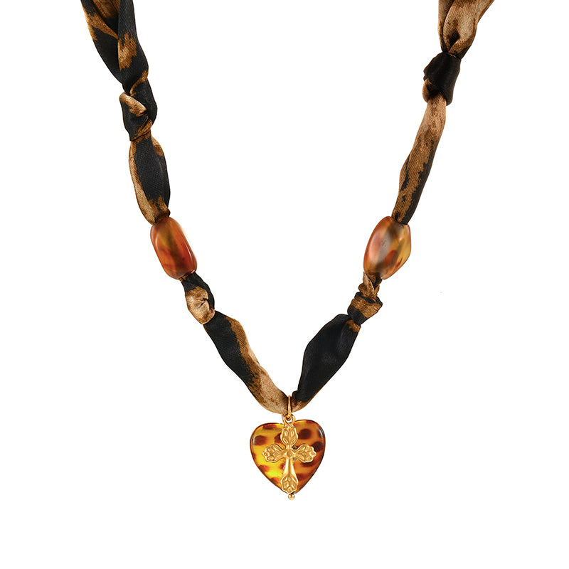 Leopard Print 1 Titanium Steel Cross Acrylic Beaded Leopard Print Fabric Necklace