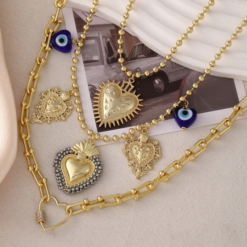 Light Blue Rice Bead Heart Copper Bead Necklace (4mm)