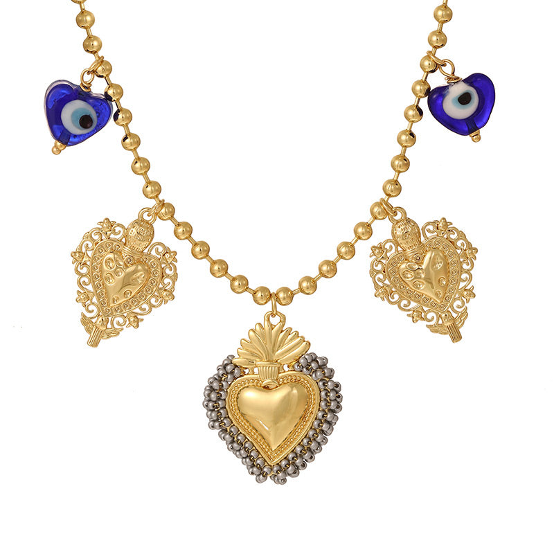 Light Blue Rice Bead Heart Copper Bead Necklace (4mm)