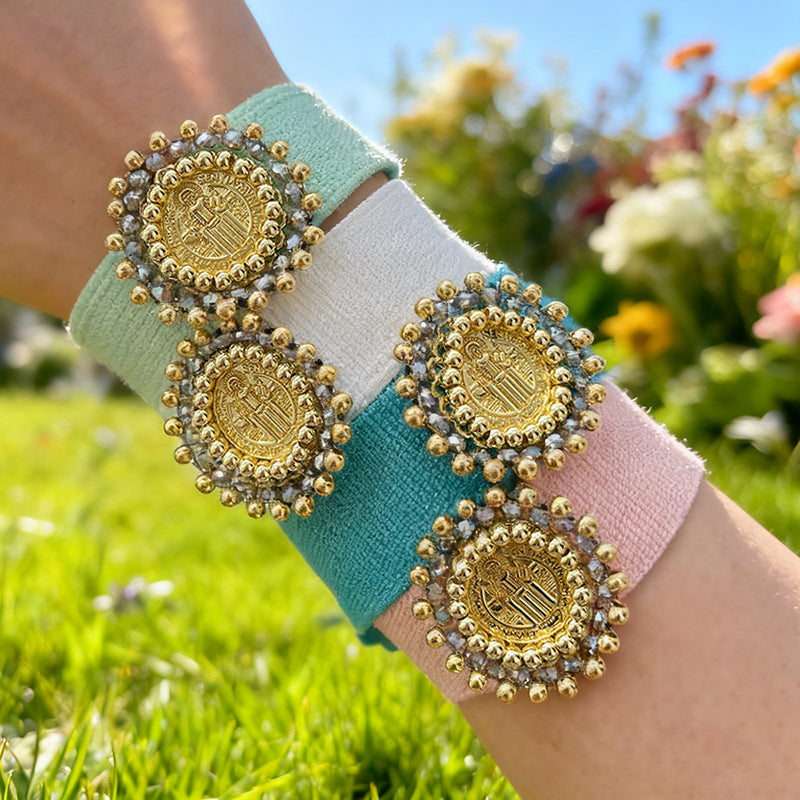 Light Gray Round Portrait Copper Bead Braided Tassel Bracelet