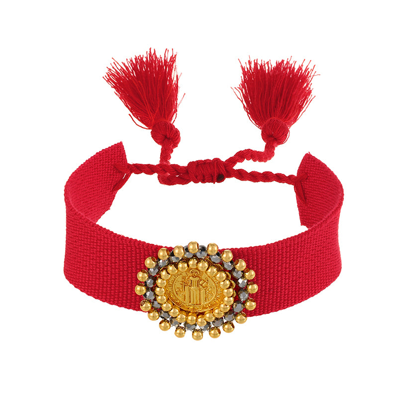 Light Gray Round Portrait Copper Bead Braided Tassel Bracelet