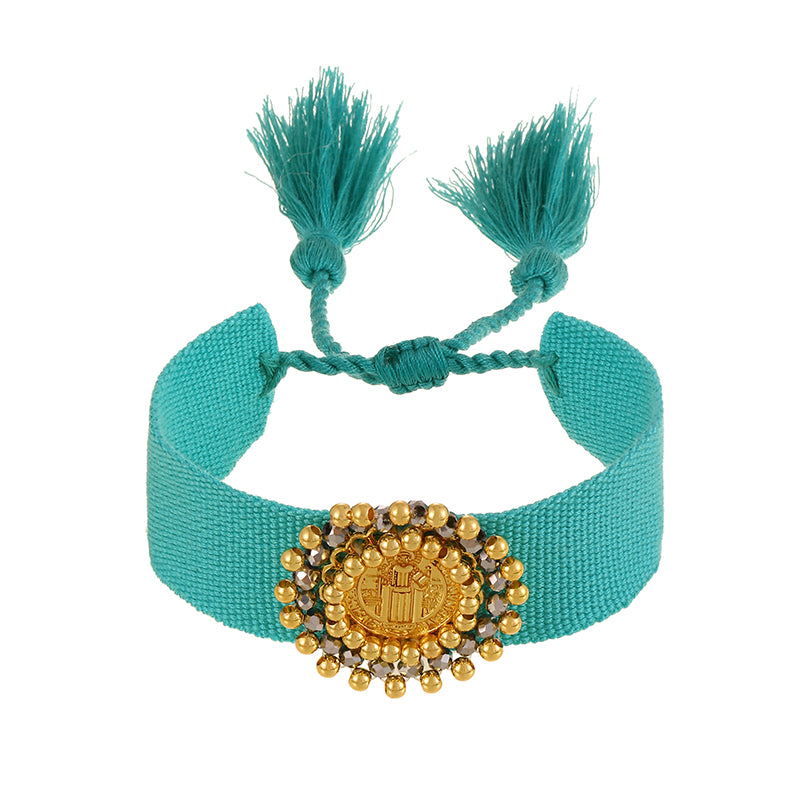 Light Gray Round Portrait Copper Bead Braided Tassel Bracelet