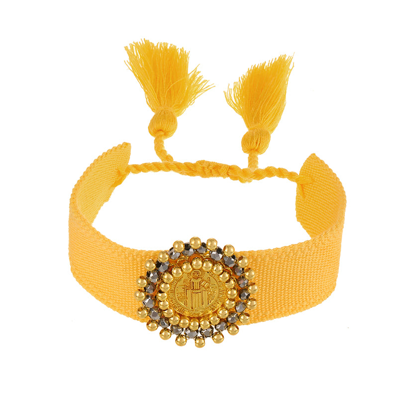 Light Gray Round Portrait Copper Bead Braided Tassel Bracelet