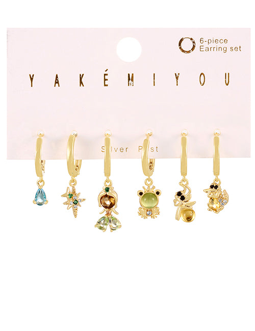 Fashion Gold Set Of 6 Copper Inlaid Zircon Princess Heart Pendant Earrings