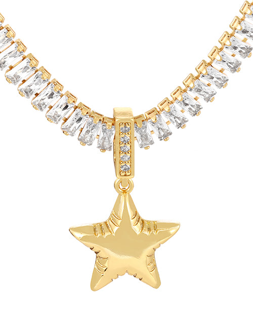 Fashion Golden 1 Copper Paved Zirconia Pentagram Pendant Necklace