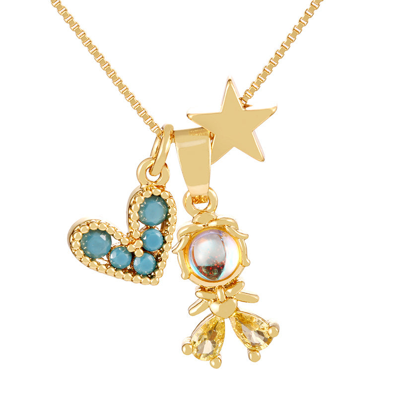 Fashion Golden 1 Copper Paved Zirconia Heart Princess Pendant Necklace