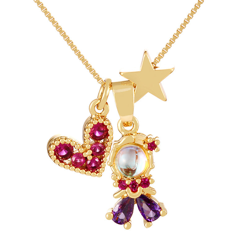 Fashion Golden 1 Copper Paved Zirconia Heart Princess Pendant Necklace