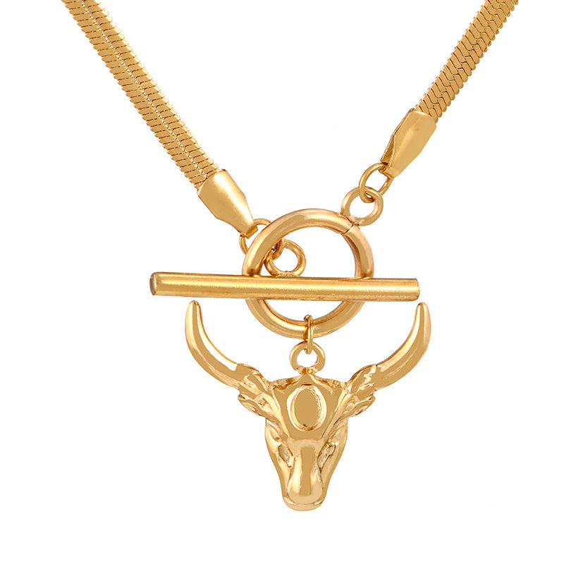 Fashion Golden 1 Titanium Steel Bull Head Pendant Ot Buckle Snake Bone Chain Necklace
