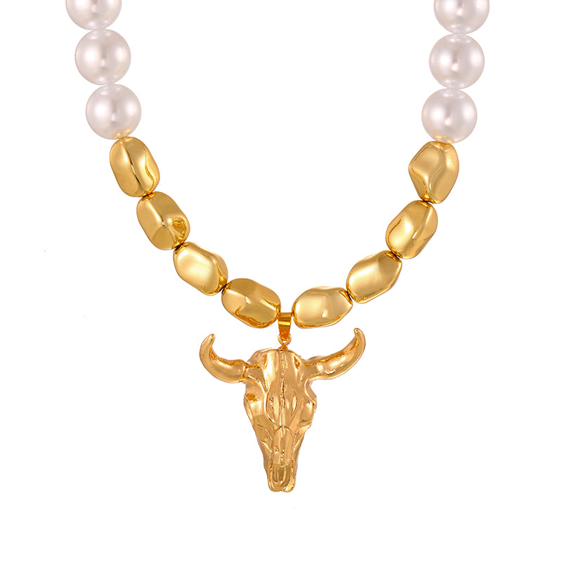Milky Alloy Bull Head Imitation Pearl Necklace