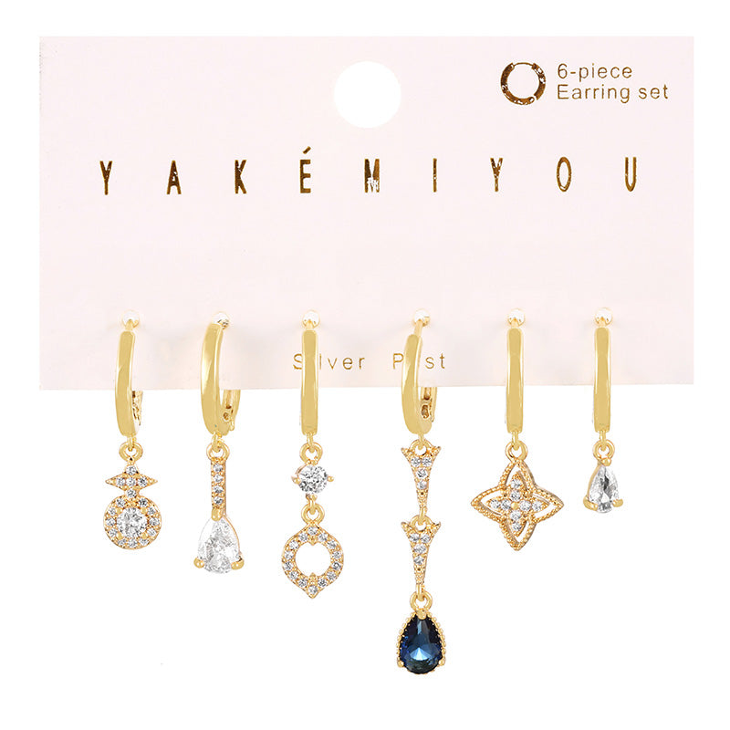 Fashion Gold Set Of 6 Copper Inlaid Zircon Water Drop Flower Pendant Earrings