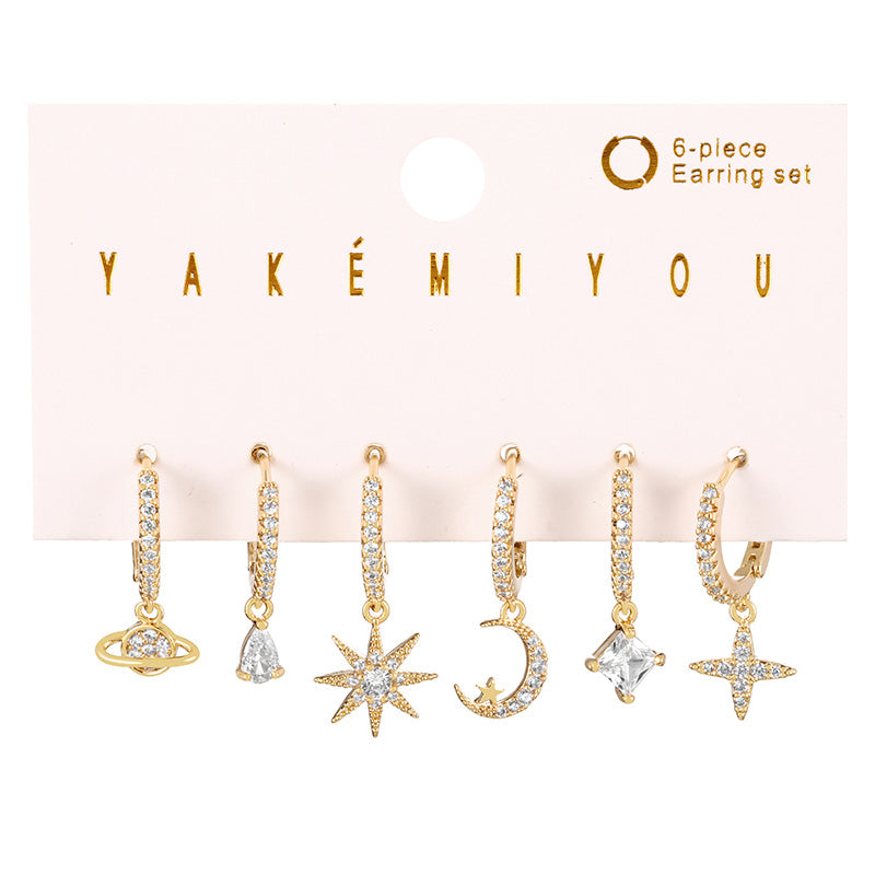 Fashion Gold Set Of 6 Copper Inlaid Zirconia Starburst Crescent Pendant Earrings