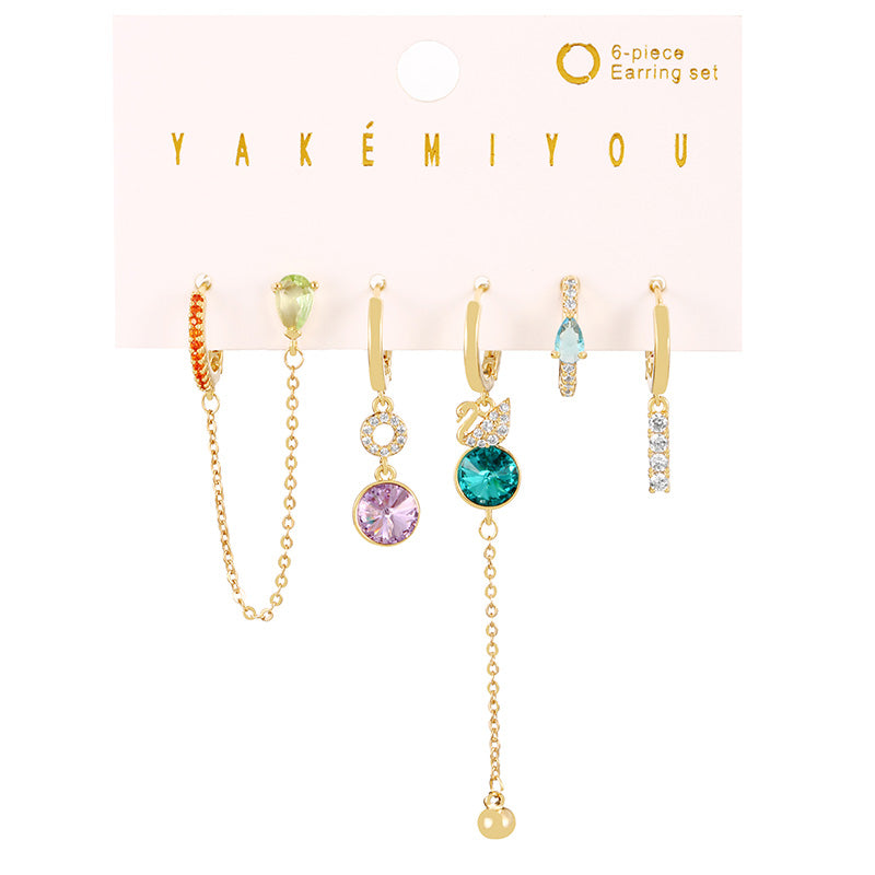 Fashion Color Copper Inlaid Zircon Swan Pendant Chain Earrings Set Of 6