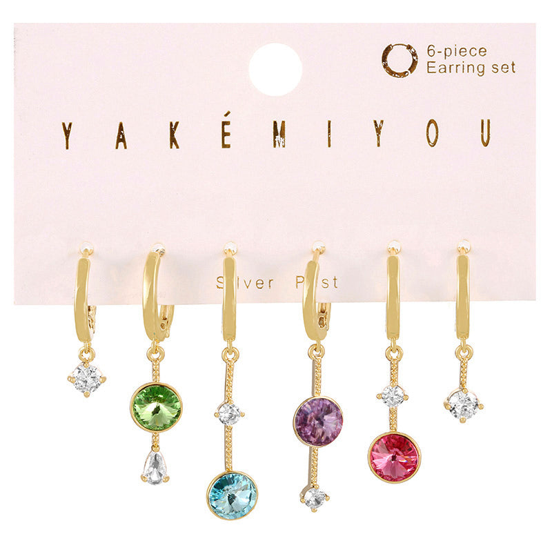 Fashion Color Set Of 6 Copper Inlaid Zircon Irregular Round Pendant Earrings