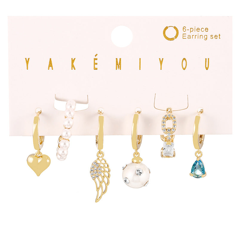 Fashion Gold Copper Inlaid Zircon Pearl Heart Feather Pendant Earrings Set Of 6