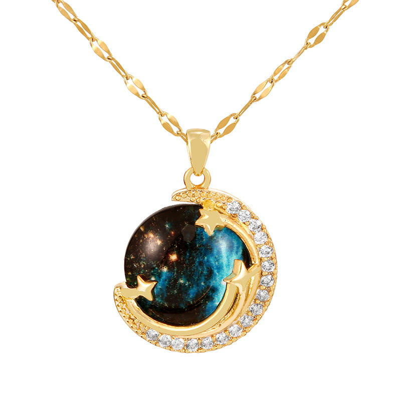 Fashion Gold Titanium Steel Inlaid Zirconium Resin Planet Pendant Necklace