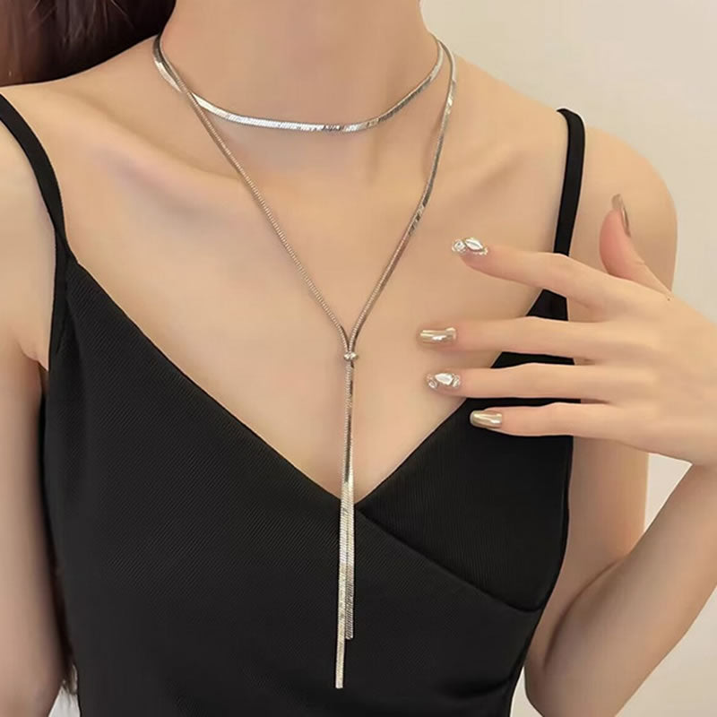 Fashion Gold Titanium Steel Geometric Snake Bone Chain Double Layer Y Shape Necklace