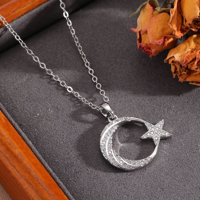 Necklace #2 304 Stainless Steel Diamond-encrusted Heart And Moon Necklace