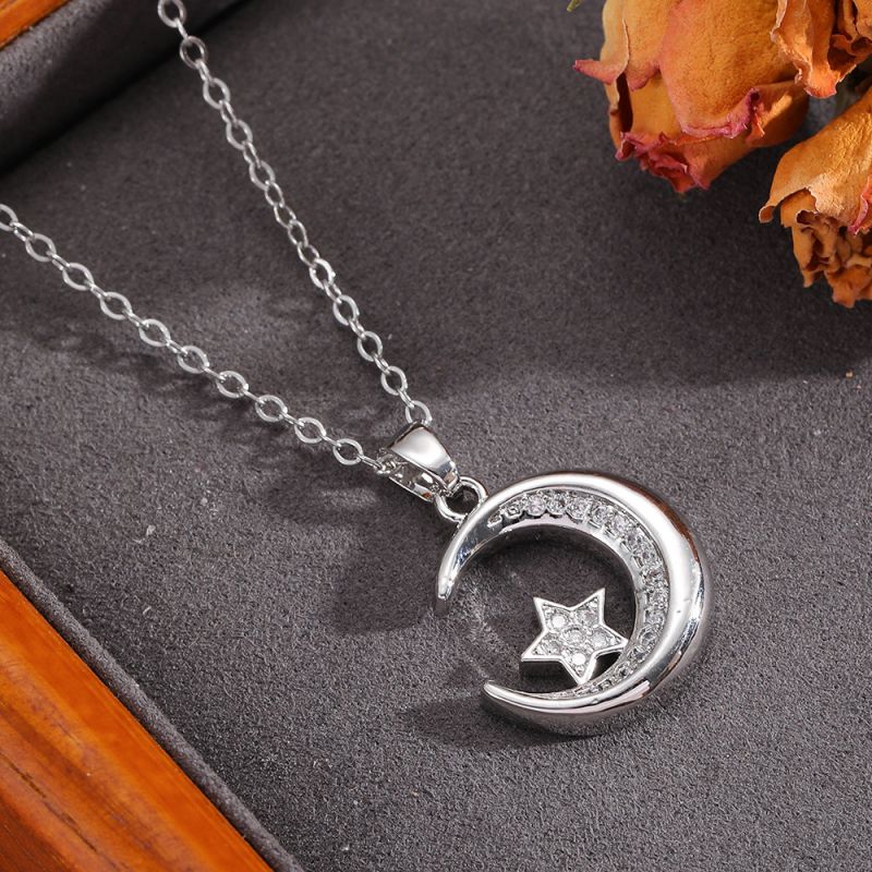Necklace #2 304 Stainless Steel Diamond-encrusted Heart And Moon Necklace