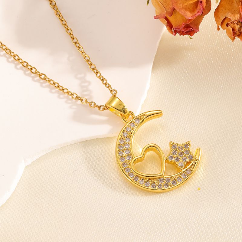 Necklace #2 304 Stainless Steel Diamond-encrusted Heart And Moon Necklace