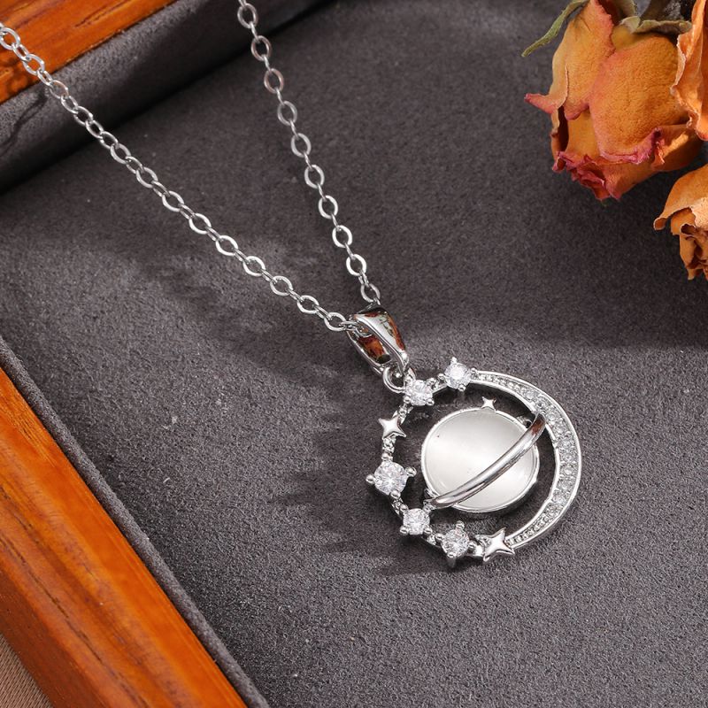 Necklace #2 304 Stainless Steel Diamond-encrusted Heart And Moon Necklace